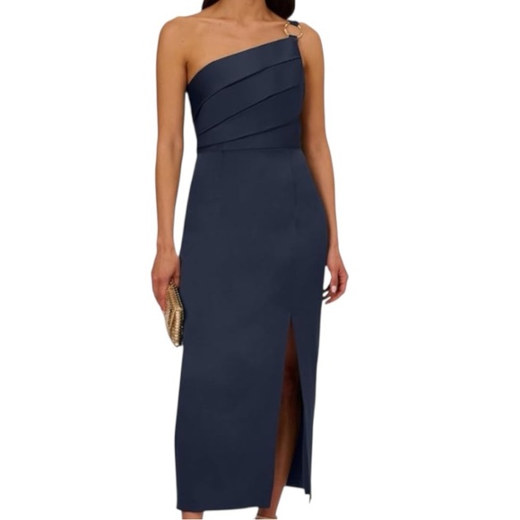 Adrianna Papell Dresses & Skirts - NWT ADRIANNA PAPELL Dark Navy One Shoulder Pleated Bodice Lined Dress Size 10